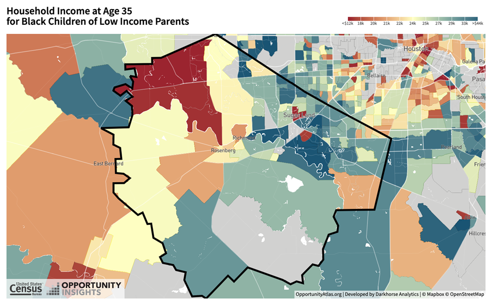 Household income at age 35 for black children of low-income parents by neighborhood/census tract where they grew up in Fort Bend County.