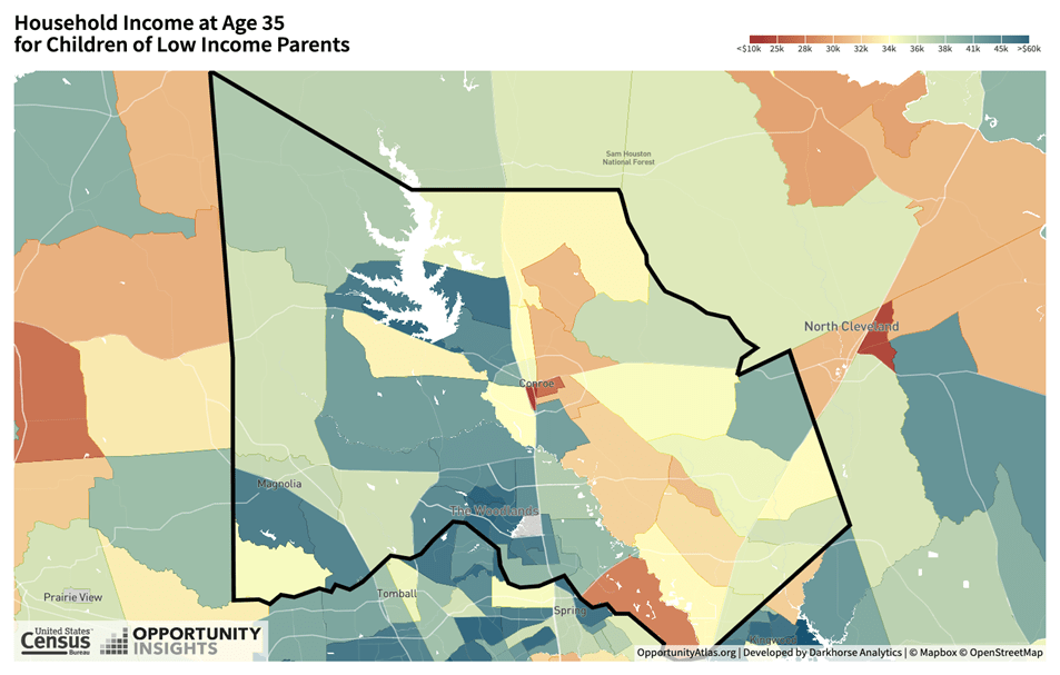 Household income at age 35 for children of low-income parents by neighborhood/census tract where they grew up in Montgomery County.